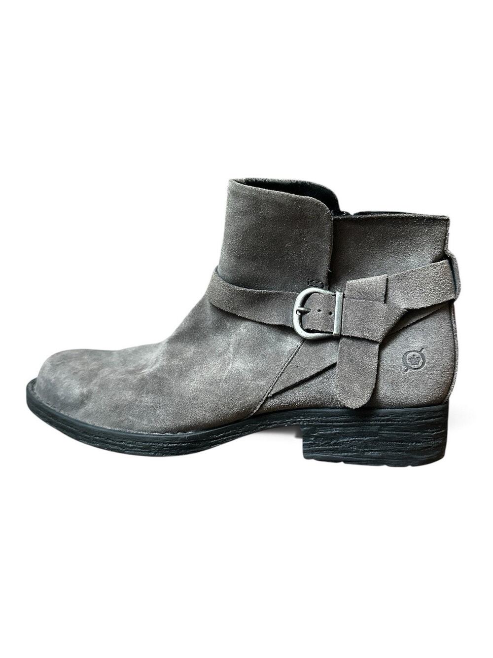 Born Syd Boots Womens 11 Gray Distressed Suede Ankle Booties Buckle Zip Low Heel